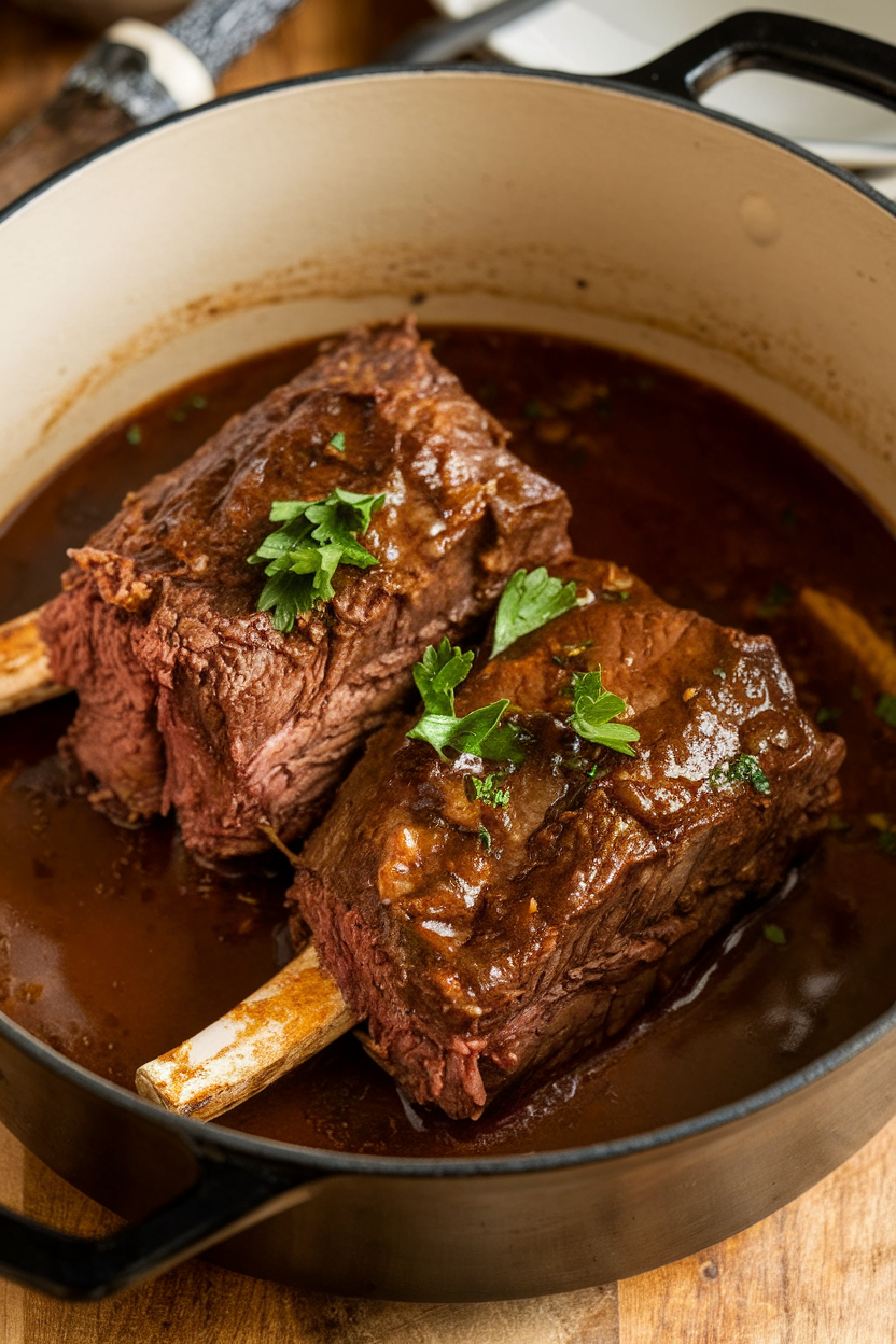 Indoor photo of braised beef short ribs in a Dutch oven, dark stout broth glistening, garnished with parsley, no text or logos. Photo only.