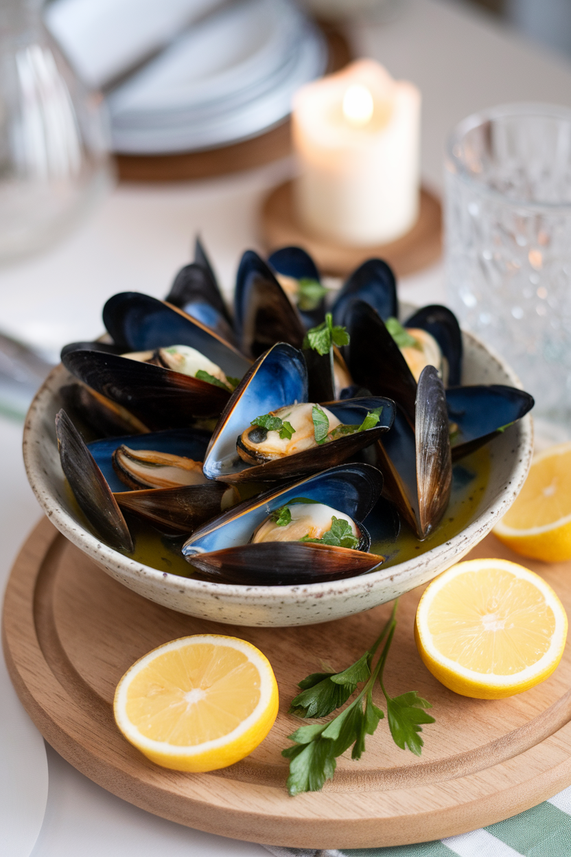An indoor dining table featuring a shallow bowl brimming with cooked mussels in a light garlic and lemon broth, sprinkled with parsley. No text or logos; photography only.