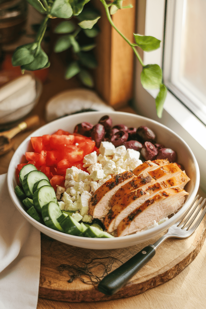 An indoor tabletop photo of a single-serving bowl filled with chopped cucumbers, tomatoes, Kalamata olives, feta crumbles, and sliced grilled chicken breast, lightly glistening with olive oil. Warm natural light from a nearby window, no text or logos anywhere in the scene.
