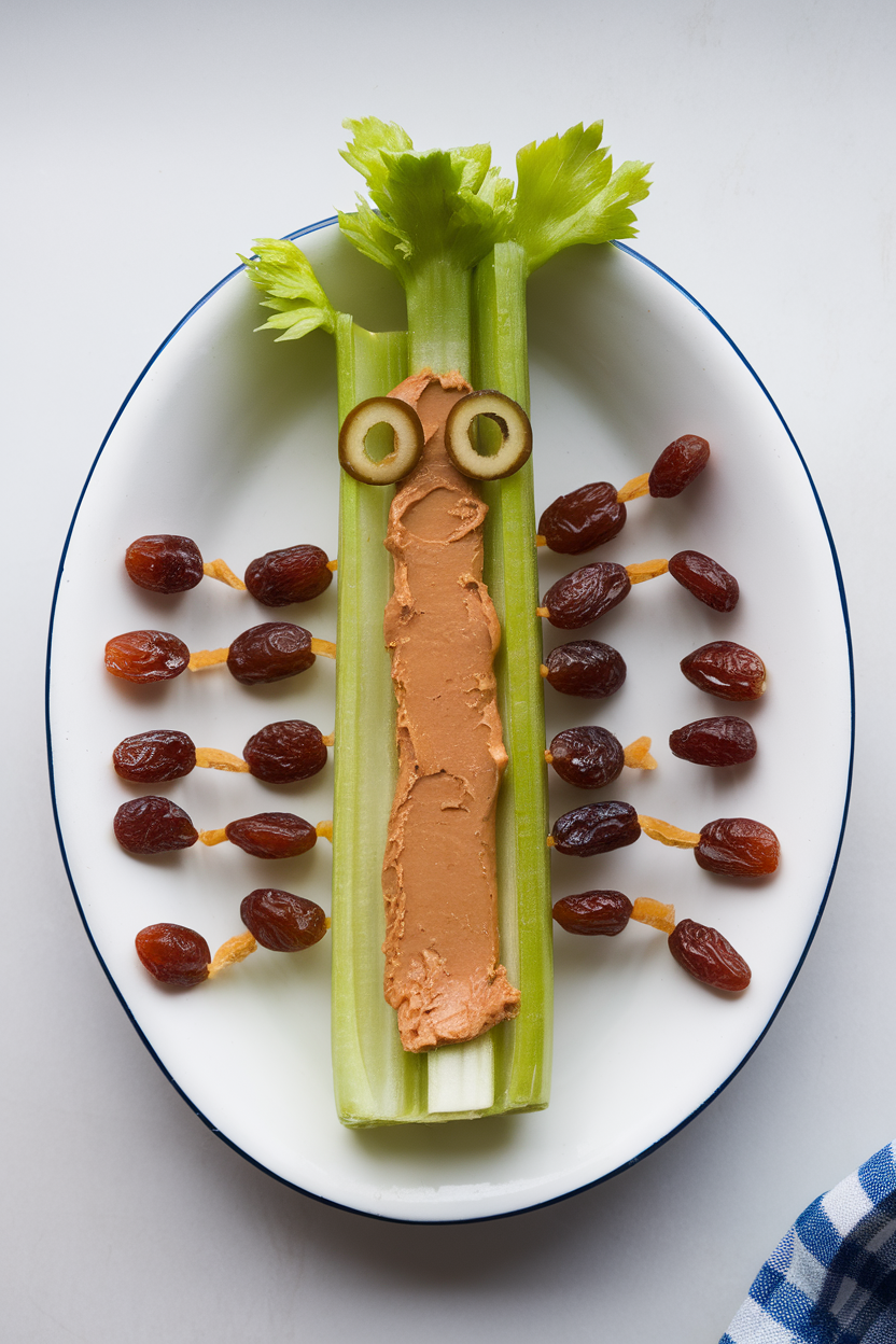 Indoor photo of a long celery stalk filled with peanut butter, lined with raisin “legs” along the sides, and finished with olive slice eyes at one end, set on a white platter. No text or logos.
