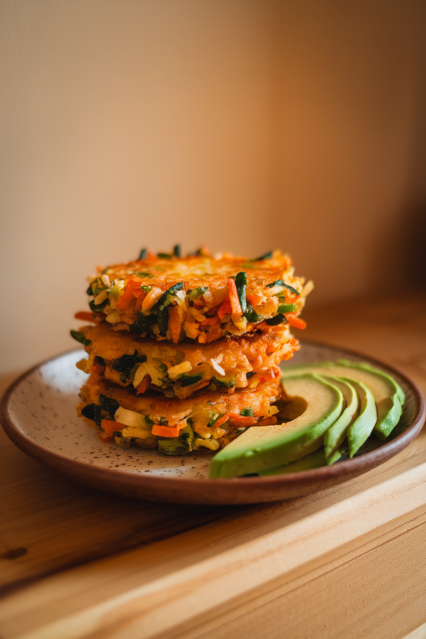 A stack of golden vegetable fritters on an indoor plate, sliced avocado fan on the side. Photo only, no text or logos.