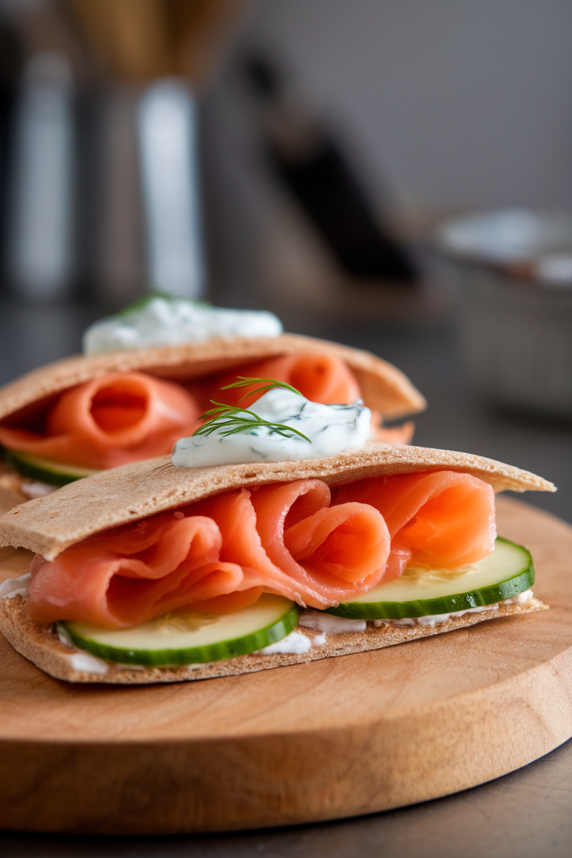 Photo of whole-wheat pita halves stuffed with smoked salmon ribbons, thin cucumber slices, and a dollop of yogurt-dill sauce, photographed indoors on a wooden board. No text or logos present.