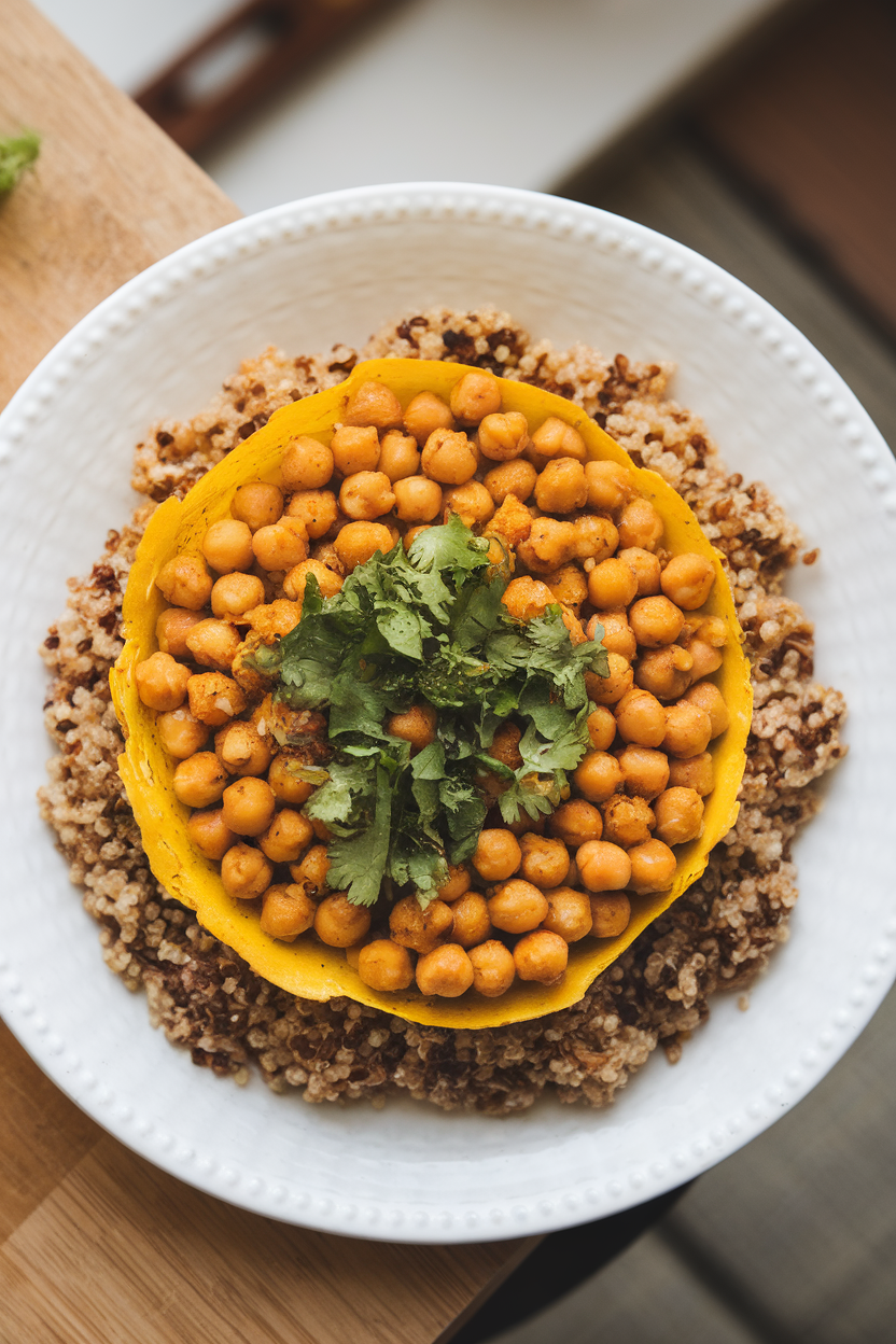 Overhead indoor shot of golden turmeric-roasted chickpeas resting on quinoa with chopped cilantro; no text or logos.