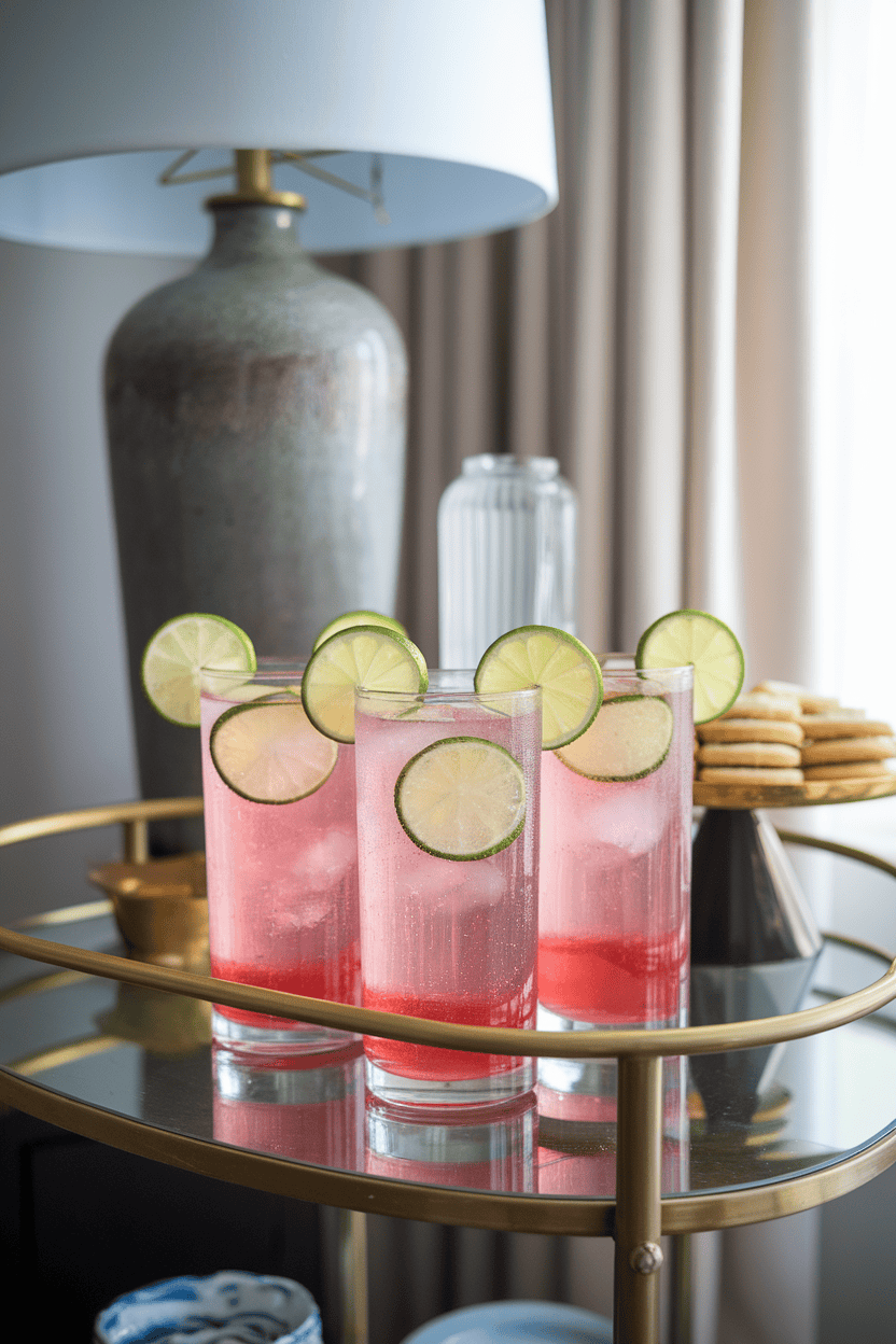 Photo of tall glasses of pink sparkling raspberry limeade with lime wheels on rims, shot indoors on a bar cart. No text or logos shown.
