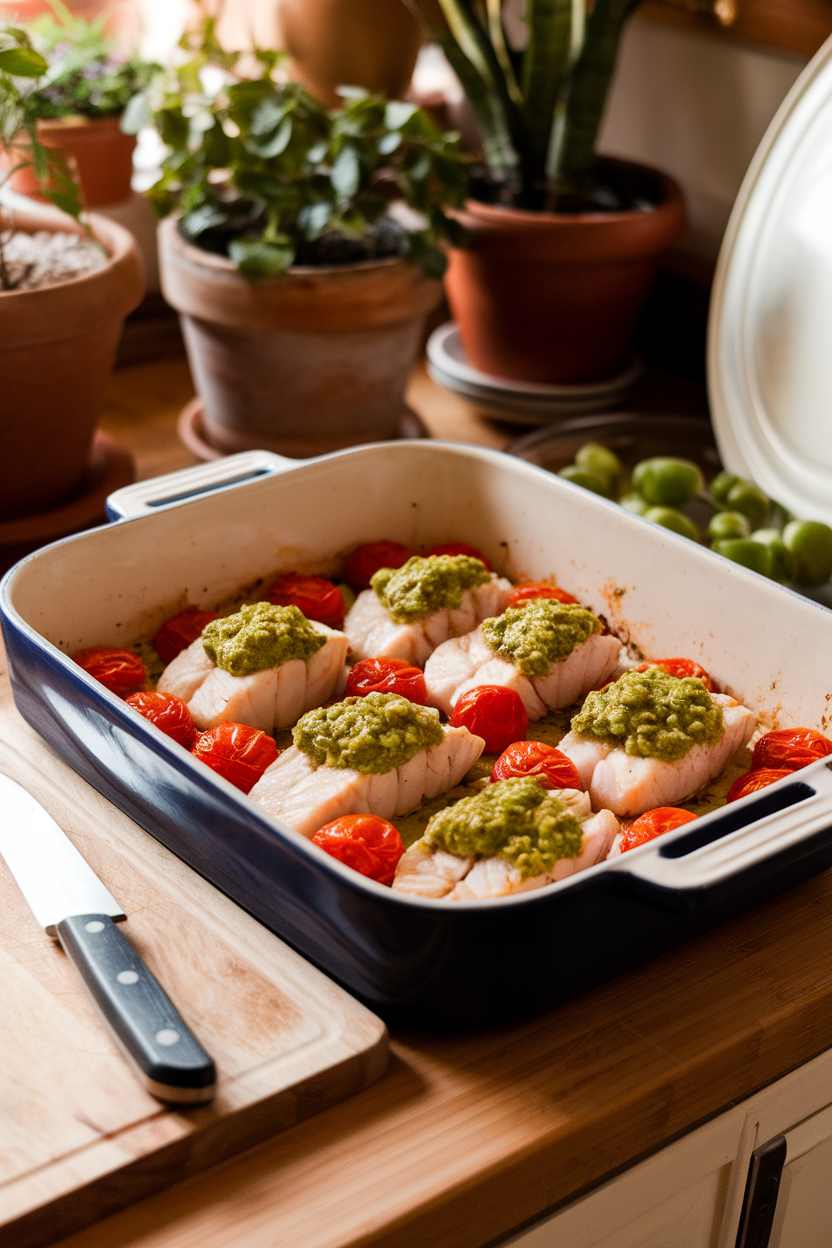 A ceramic baking dish on an indoor kitchen counter showing cooked cod fillets topped with bright green pesto and blistered cherry tomatoes. No text or logos, photo only.