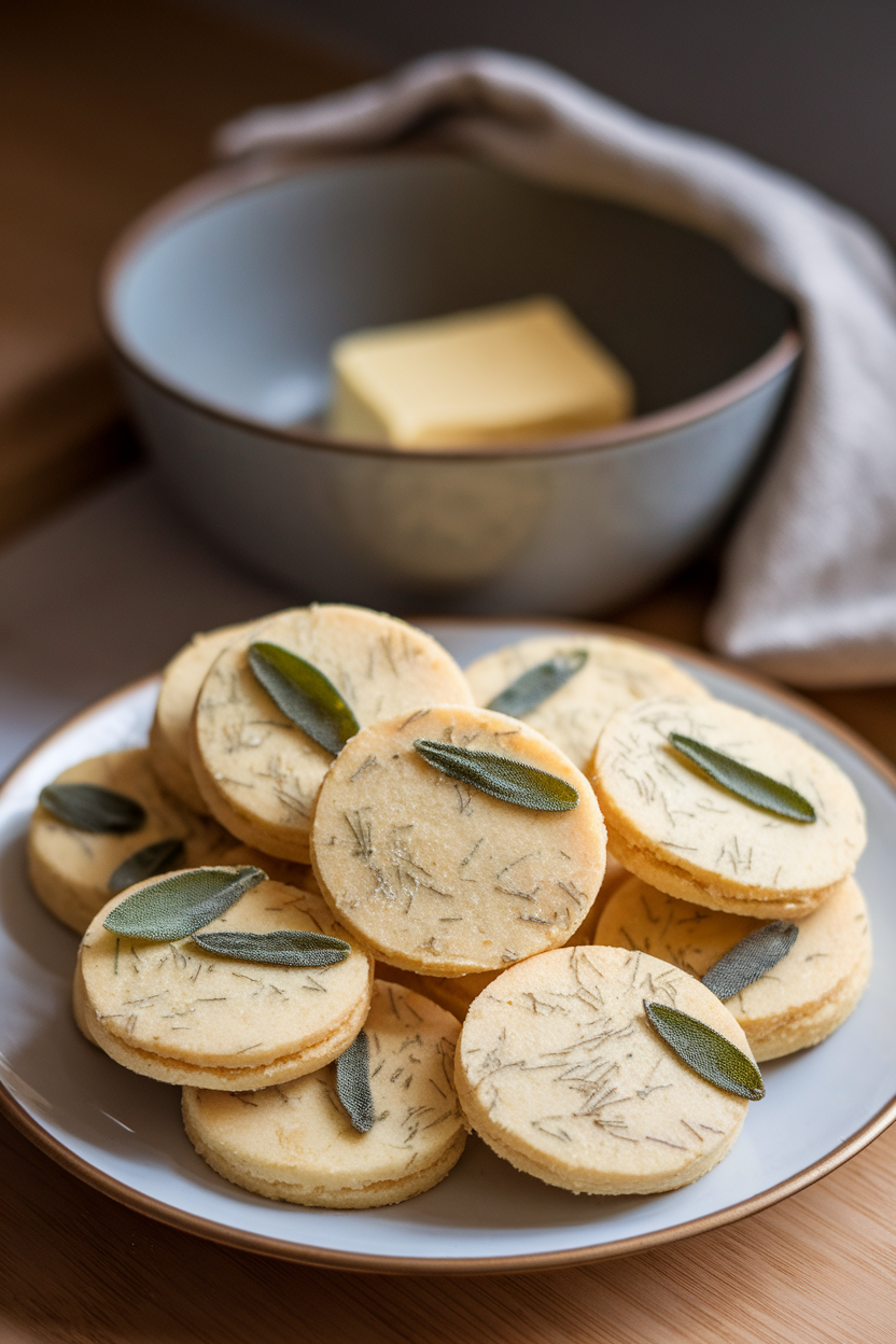 An indoor plate of round shortbread flecked with green sage leaves, browned butter bowl in soft focus behind. No text or logos. Photo, not illustration.