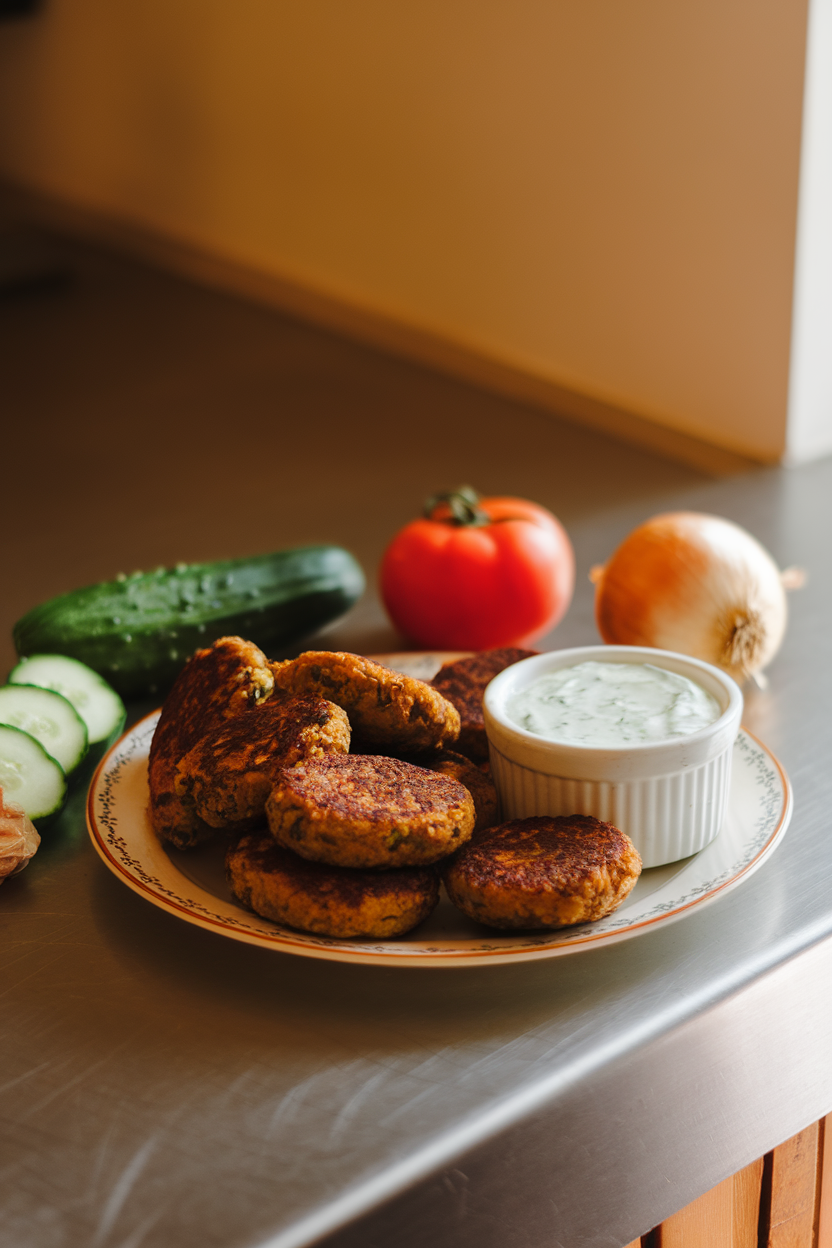 A warmly lit indoor counter featuring browned baked falafel patties on a plate with a ramekin of cucumber yogurt dip. No text or logos; photography only.