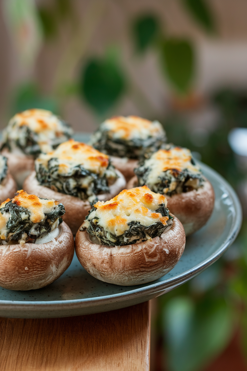 Button mushroom caps filled with spinach-goat cheese mixture, baked and set on a serving plate indoors; no text or logos. Photo only.
