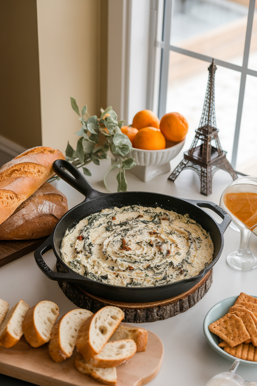 An indoor casual party table showing a cast-iron skillet of creamy spinach bacon dip bubbling away. Photo, no text or logos.