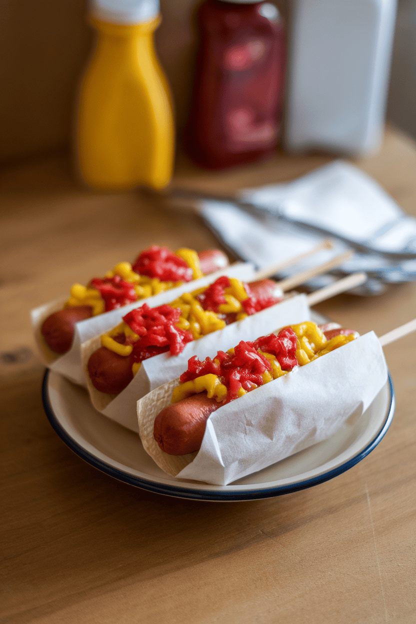 Indoor photo of classic hot dogs in buns topped with colorful relish, resting on a simple plate; no logos or text.