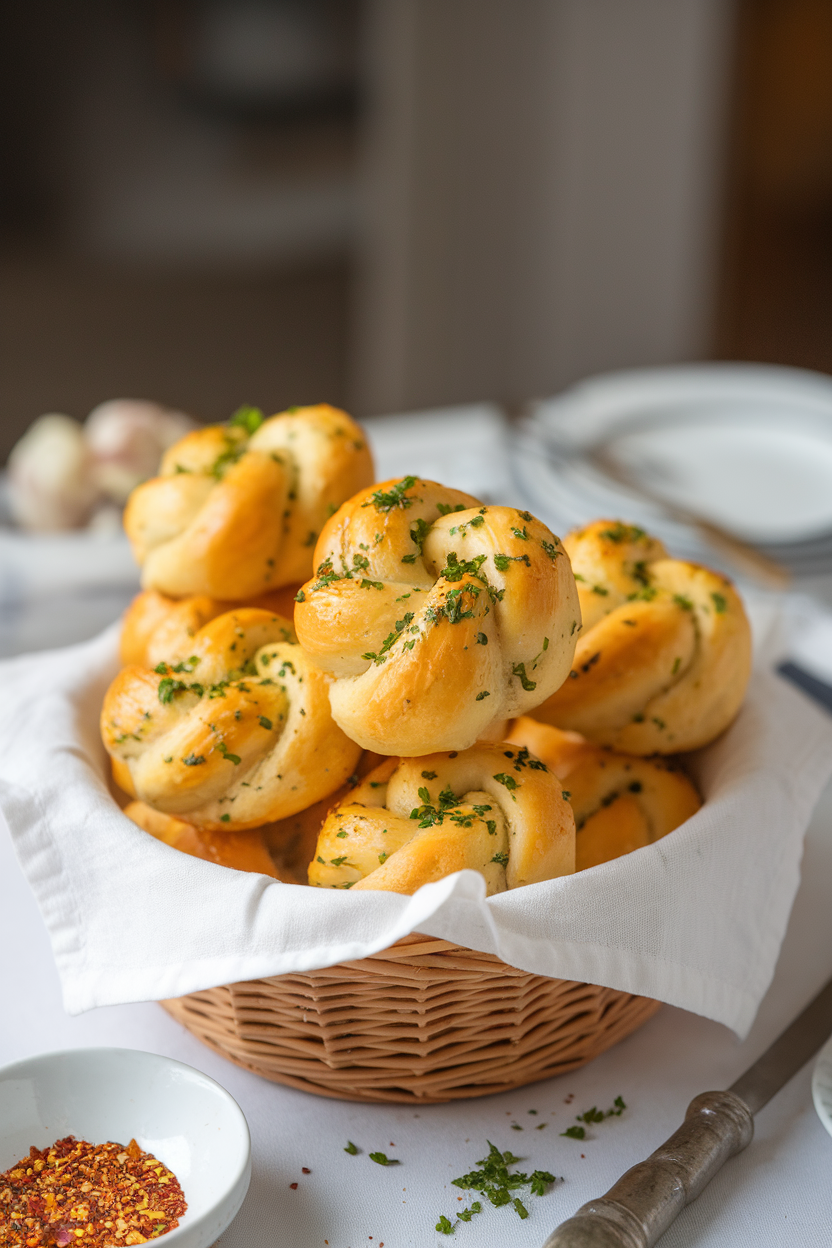 Basket of golden garlic knots brushed with butter and parsley on an indoor table. No text or logos. Photo.