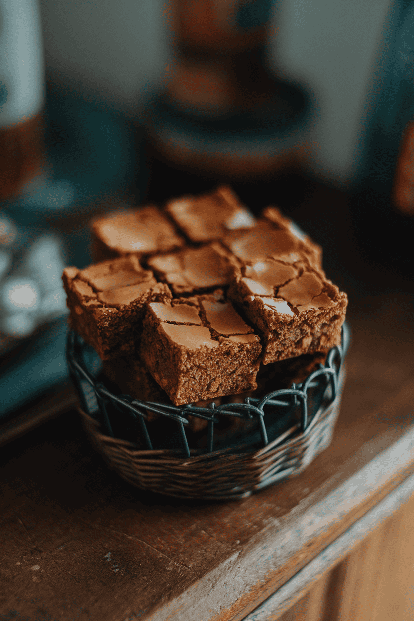 Photo of mini brownie squares with shiny, crackly tops arranged inside a small basket indoors. No text or branding visible.