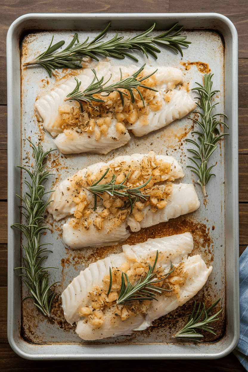 Indoor baking sheet with pollock fillets topped with minced garlic and rosemary sprigs, golden edges visible. No logos or text, photo only.