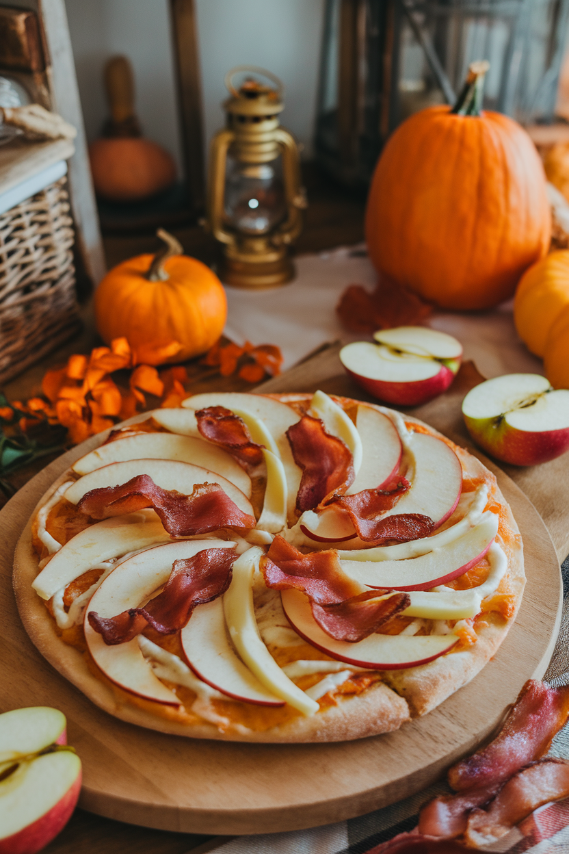 Indoor fall-themed table showing a pizza with thin apple slices, smoky bacon, and melted white cheddar ribbons. Photo only, no text or logos.