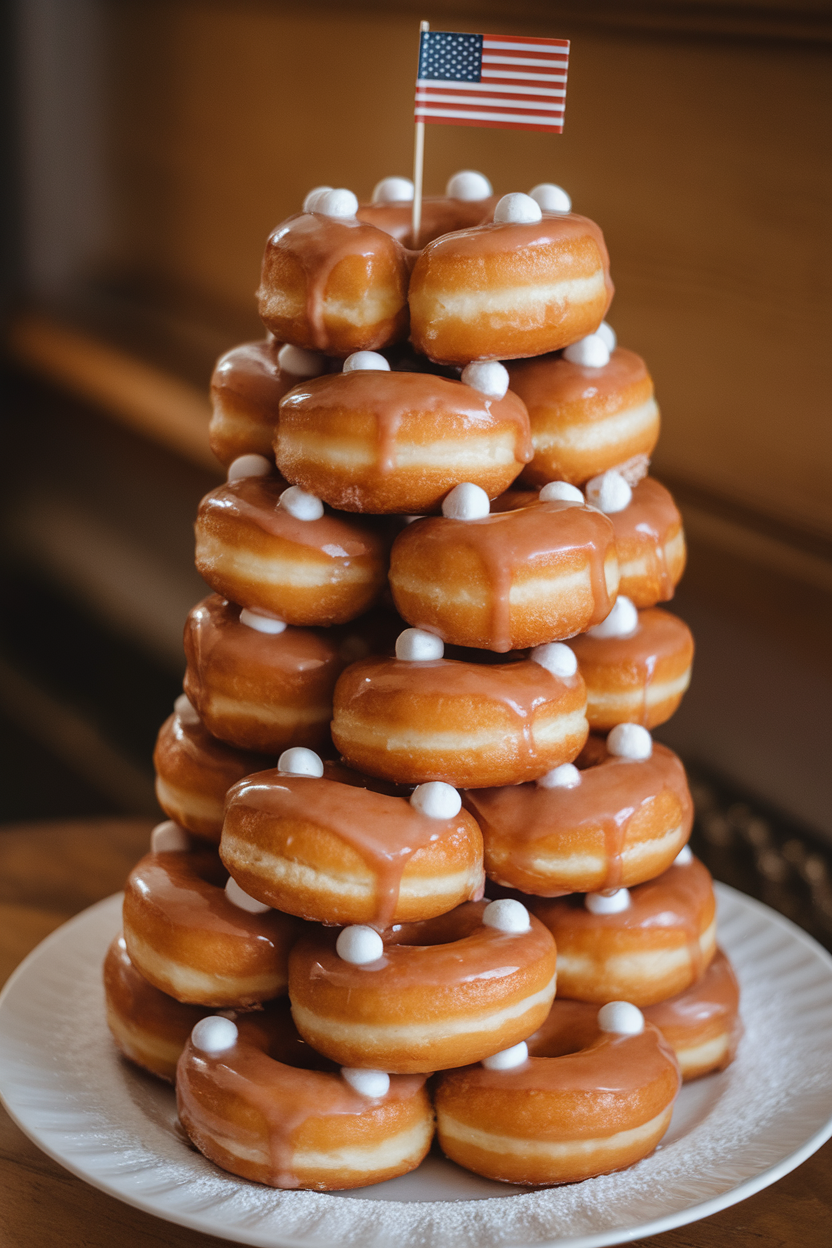A tall indoor tower of glazed cake doughnuts stacked neatly and secured with buttercream dots, small American-flag toothpicks between layers. Photo only, no text or logos.