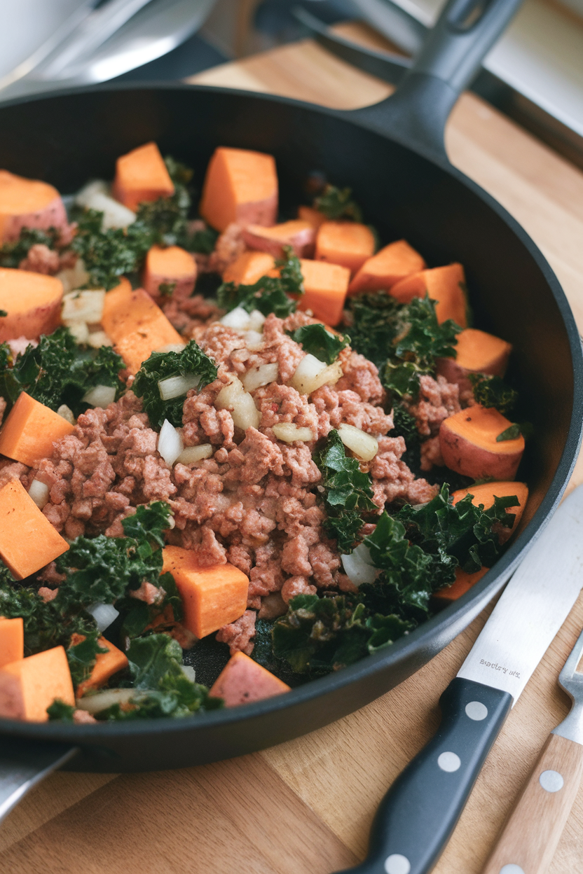 Indoor photo of a skillet filled with diced sweet potatoes, ground turkey, chopped kale, and onions, lightly browned. No text or logos.