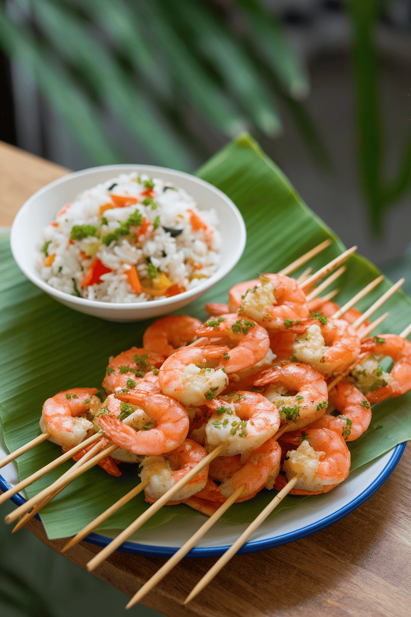 Indoor platter with bamboo skewers of coconut lime shrimp, side bowl of mixed vegetable rice. Photo only, no logos or text.