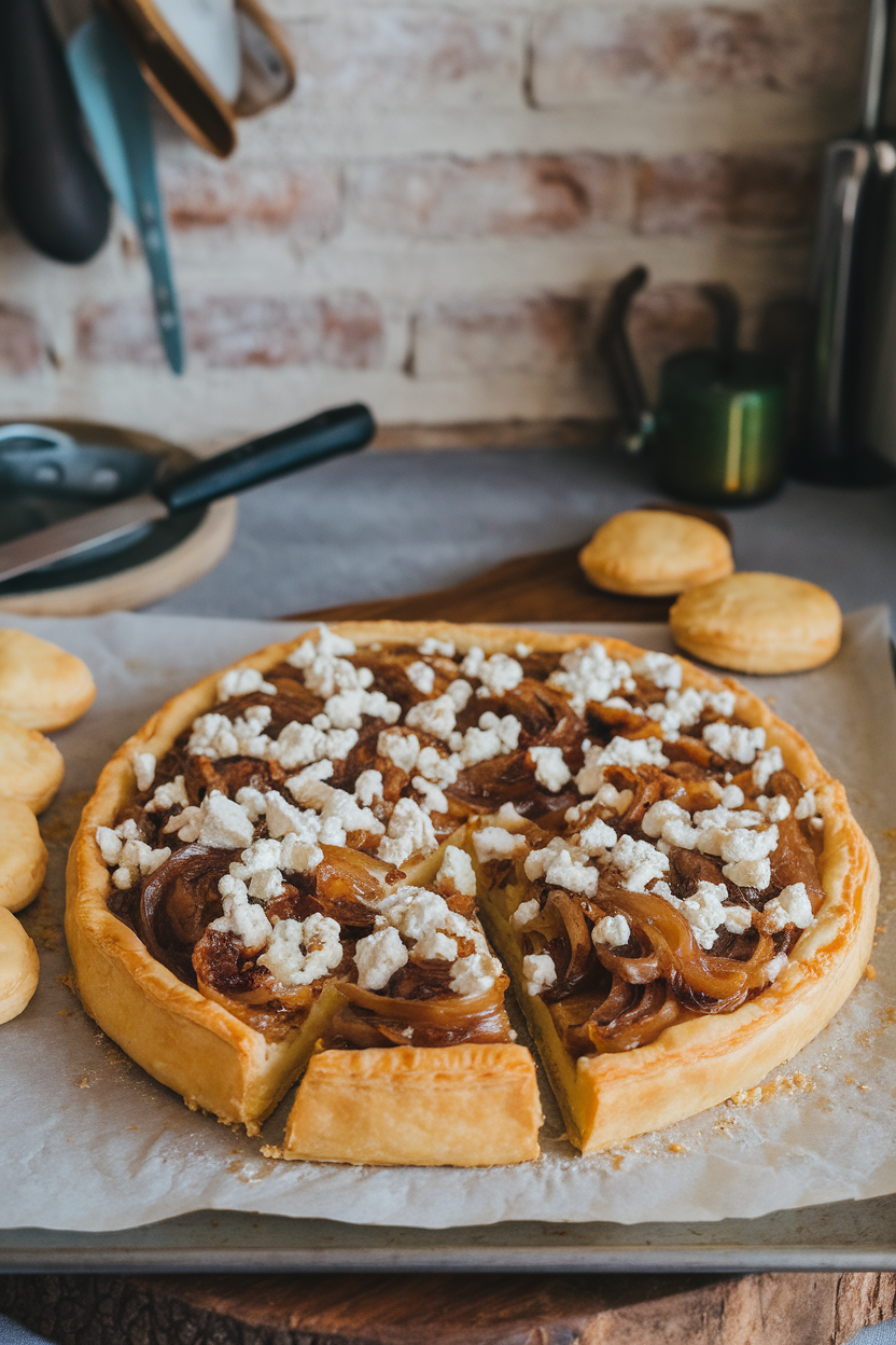 Indoor photo of a golden puff-pastry tart topped with caramelized onions and goat cheese crumbles, sliced into rectangles on a baking sheet. No text or logos.