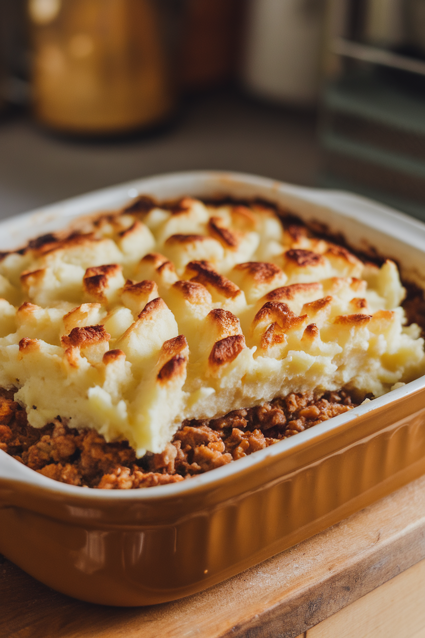 Casserole dish of shepherd’s pie with fork-patterned mashed potato topping browned, indoor setting. No text or logos. Photo.