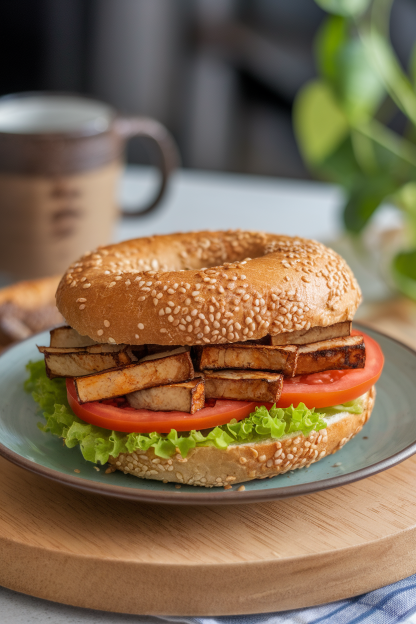 An indoor cafe plate with a sesame bagel sandwich showing strips of smoky tofu, lettuce, and tomato slices. Photo only, no text or logos.
