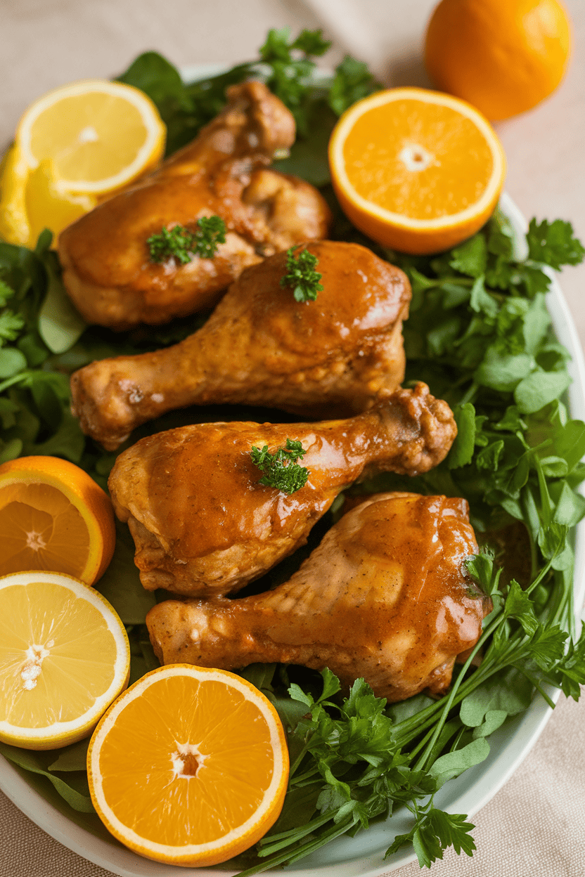 An indoor platter featuring cooked chicken drumsticks glazed in maple Dijon sauce, parsley sprinkle, no text or logos.