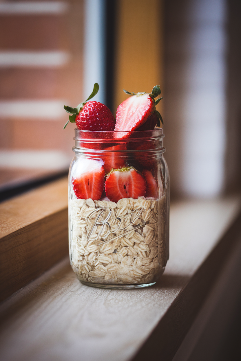 A mason jar on an indoor windowsill filled with pale green oats, sliced strawberries layered on top. Photo only, no text or logos.