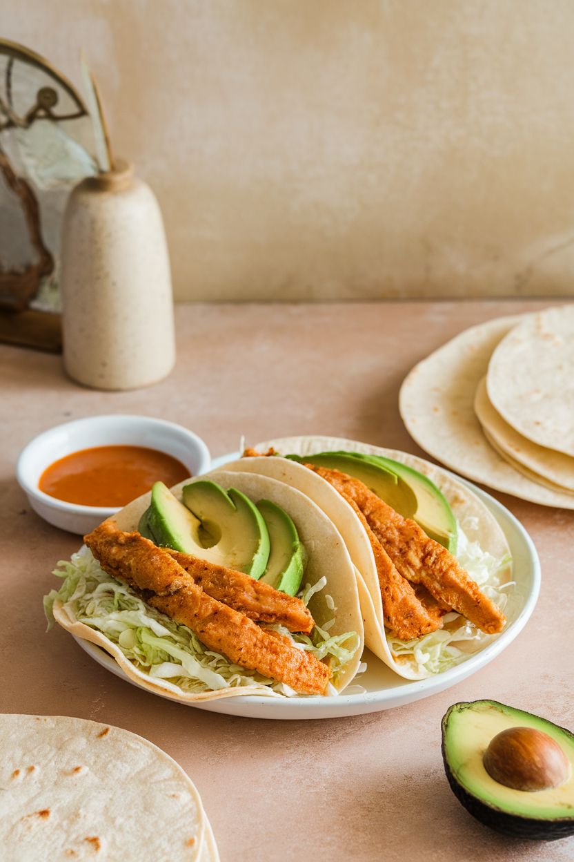 Indoor tabletop showing soft tortillas filled with chipotle-lime chicken strips, shredded cabbage, and avocado slices. No logos, photo only.