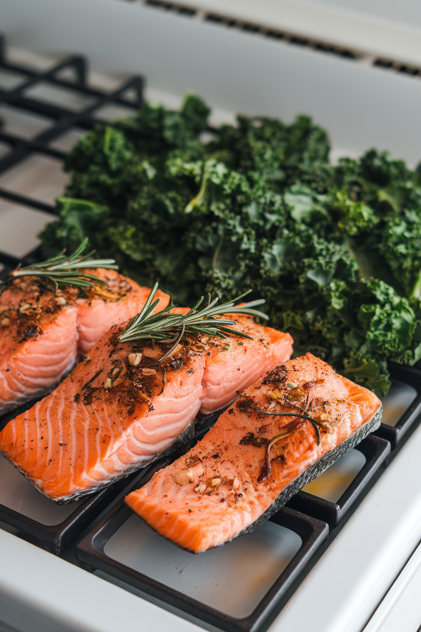 Photo, indoor stovetop shot of cooked salmon fillets seasoned with rosemary and garlic, resting beside steamed kale; no text or logos.