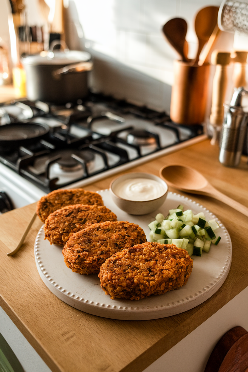 Photo, indoor kitchen island with oval bulgur patties, a side of yogurt sauce, and a small salad of diced cucumbers; no text or logos.
