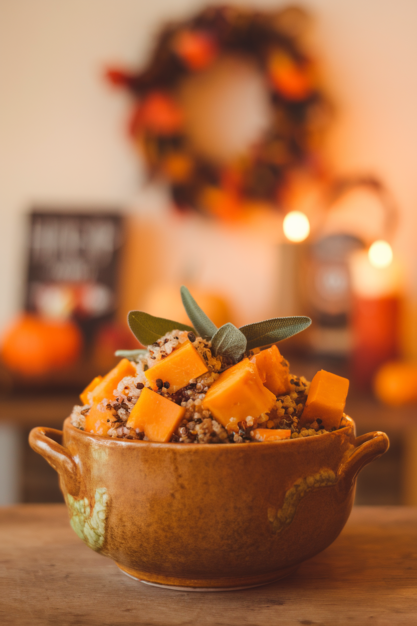 Indoor autumn-themed shot of orange pumpkin cubes, sage leaves, and quinoa in a ceramic bowl; no logos or text.