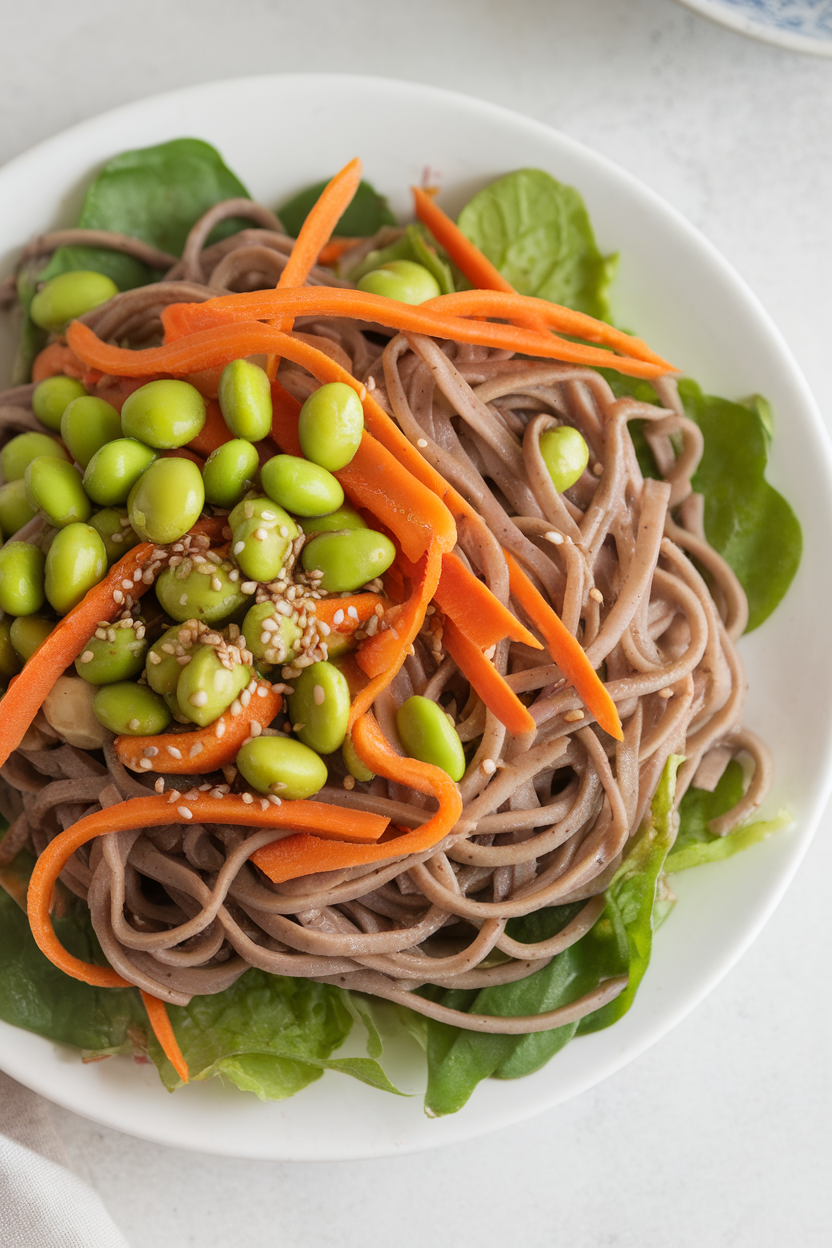An indoor salad plate piled with chilled soba noodles, edamame, carrot ribbons, and sesame seeds, dressing drizzled over. Photo only, no text or logos.
