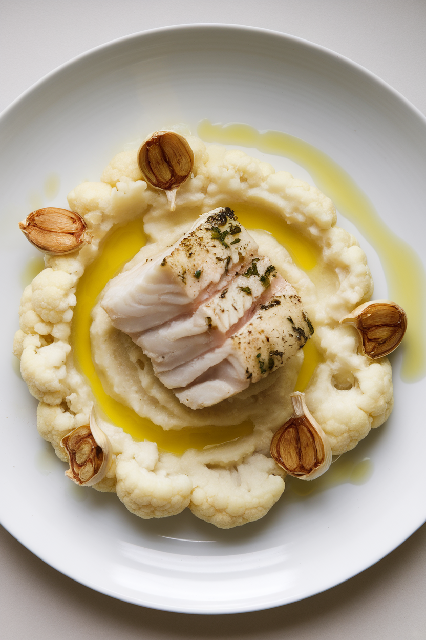 Indoor plate featuring cod atop a pale cauliflower purée, drizzle of olive oil and roasted garlic cloves visible. No text or logos.