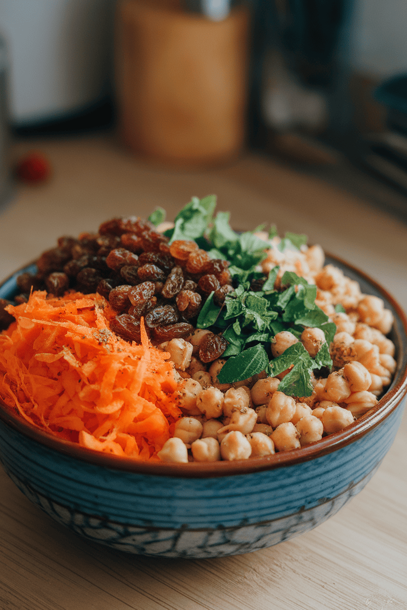 Indoor ceramic bowl of grated carrot, chickpeas, raisins, and chopped mint sprinkled with cumin. No text or logos.