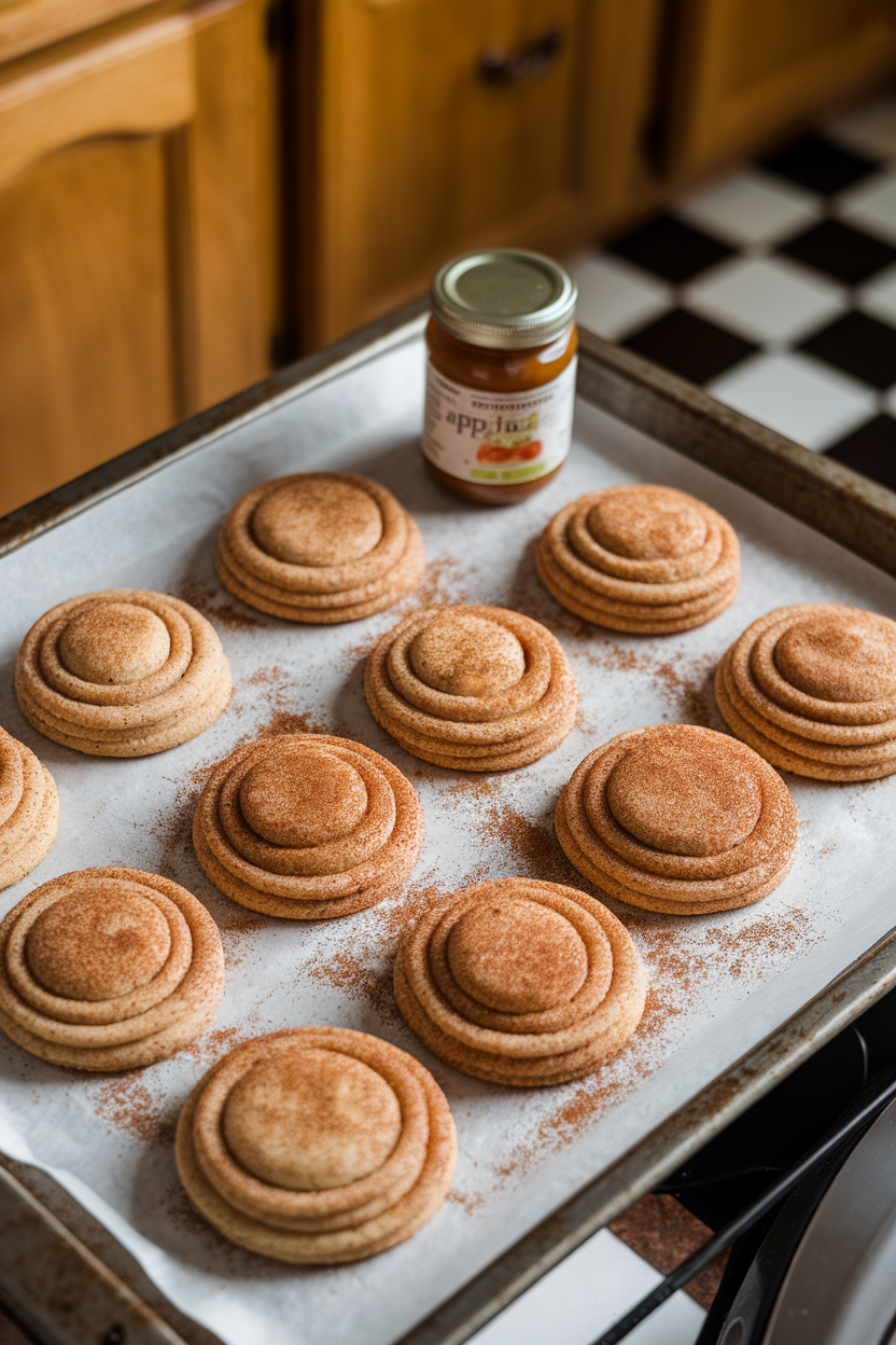 Indoor photo of soft snickerdoodle cookies on a baking sheet, cinnamon sugar visibly crackled, with a small jar of apple butter nearby. No text or logos.