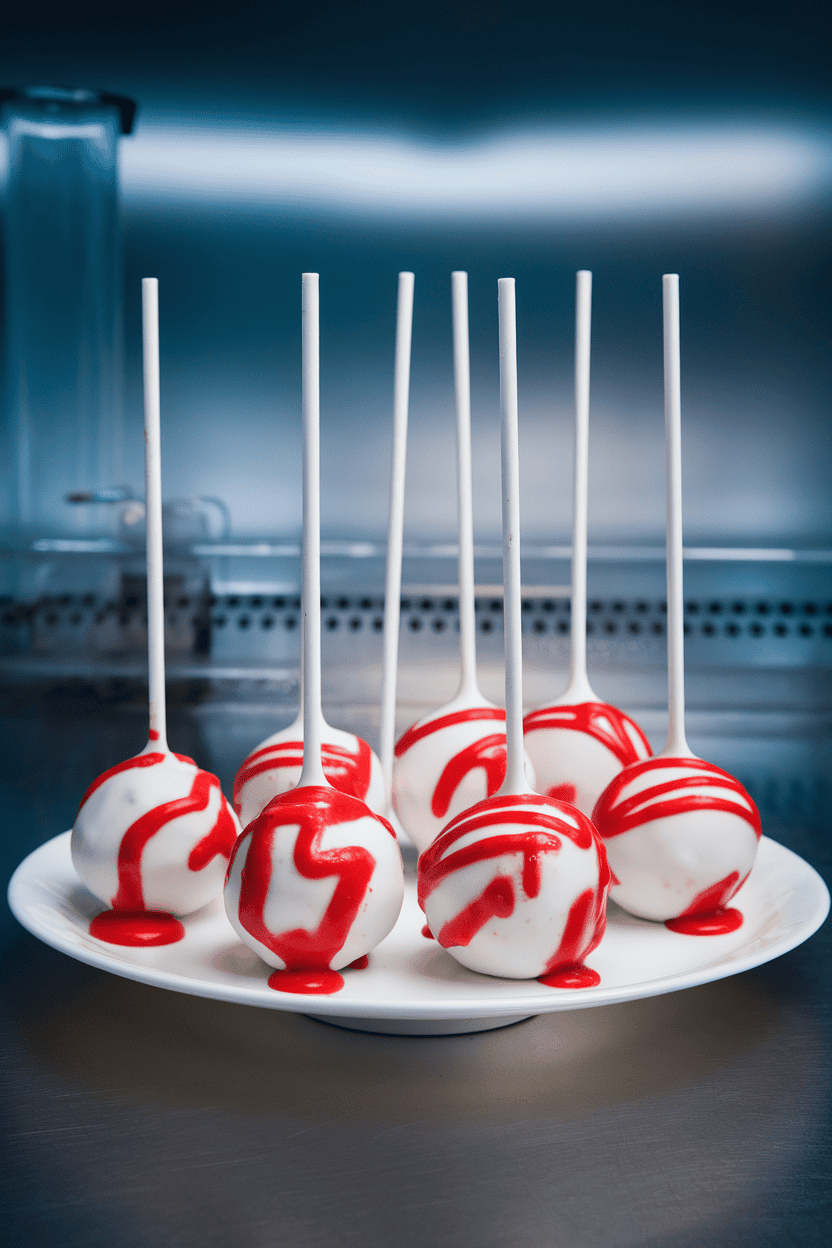 White cake pops flicked with bright red strawberry glaze to resemble splatters, indoor sterile lab-style backdrop; no logos or text. Photo.