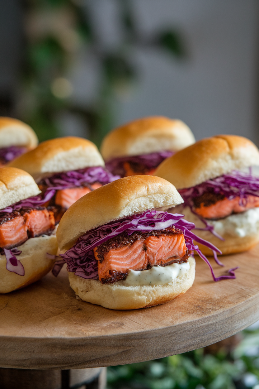An indoor serving platter showing mini brioche buns filled with cooked blackened salmon, purple cabbage slaw, and spicy mayo. No text or logos present. Photo, not illustration.