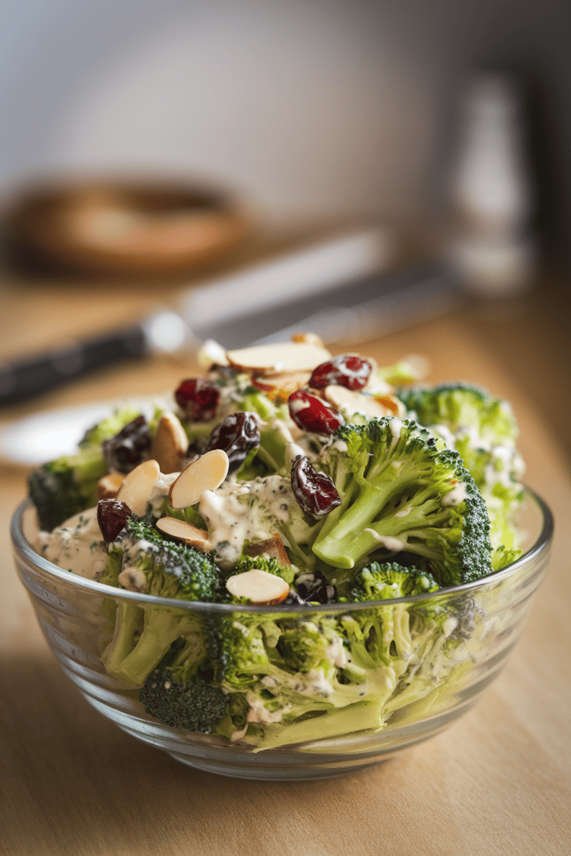 An indoor bowl holding shredded broccoli stems mixed with dried cranberries, sliced almonds, and creamy dressing. No text or logos; photo only.