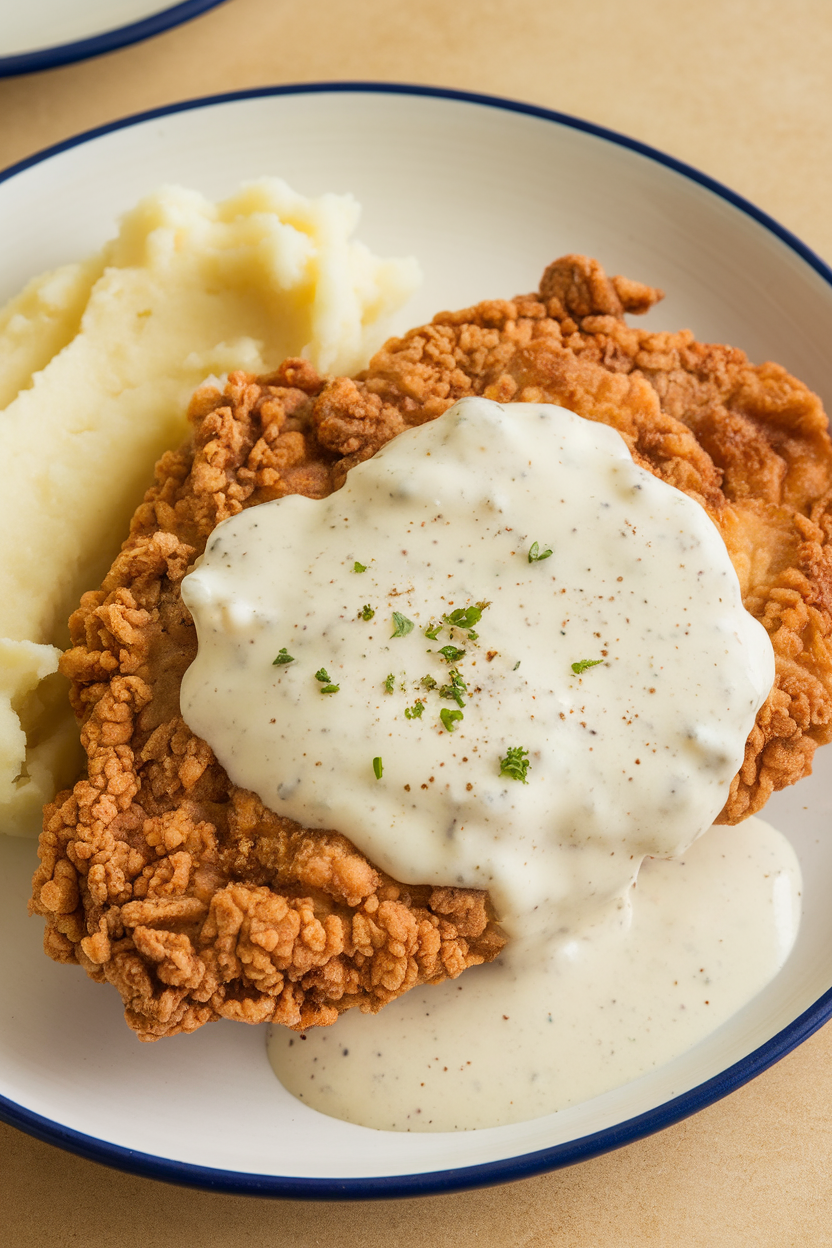 Indoor photo of crispy chicken-fried steak on a plate, smothered in peppery white gravy, mashed potatoes alongside, no text or logos. Photo only.