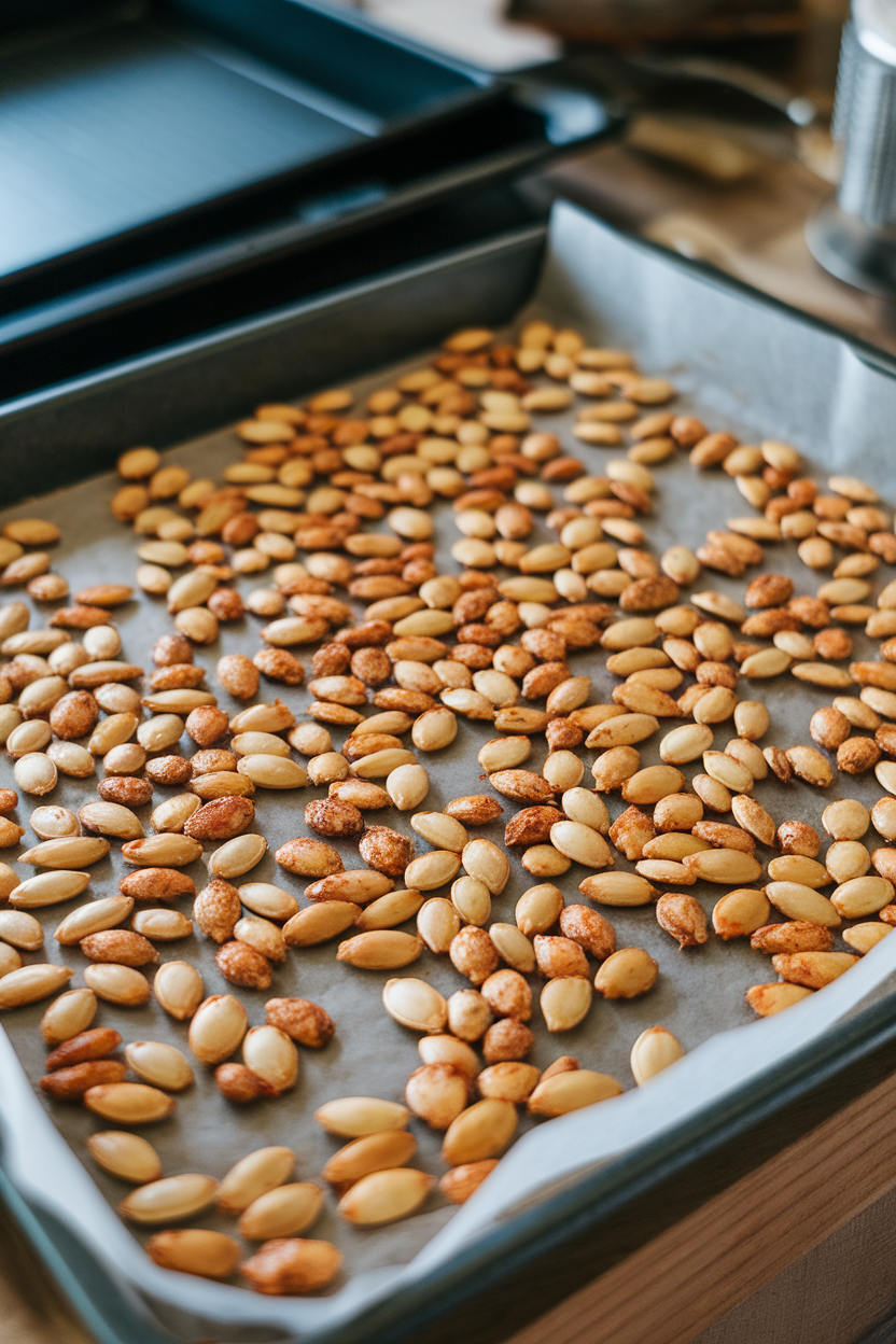 Photo of an indoor baking tray with roasted pumpkin seeds coated in cinnamon and cayenne; no text or logos