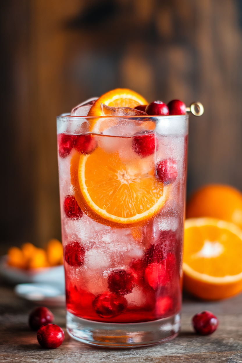 Photo of an indoor highball glass filled with ruby cranberry Aperol spritz, lots of ice, fresh cranberries, and an orange wheel. No text or logos.