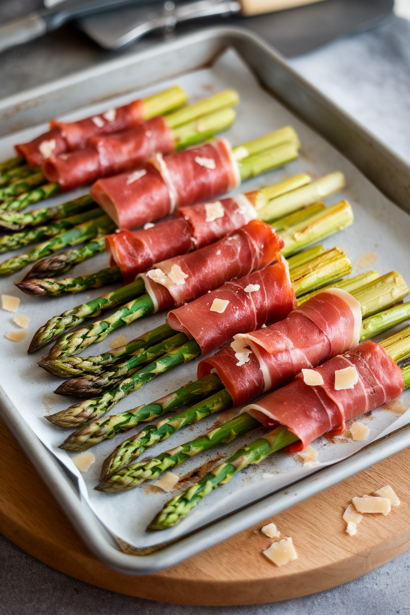 An indoor baking sheet displaying roasted asparagus spears wrapped in thin prosciutto ribbons, parmesan shavings sprinkled on top. No logos or text. Photo only.