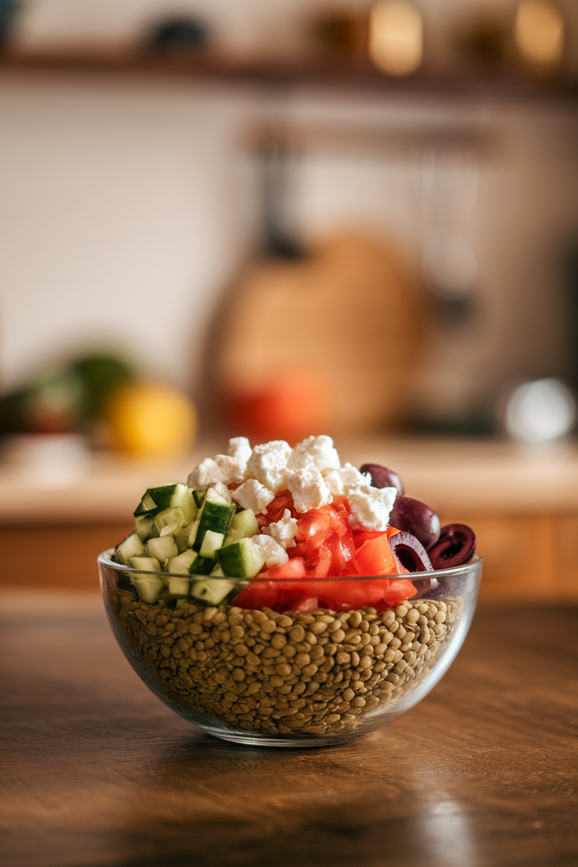 Indoor photo of a bowl of green lentils mixed with diced cucumber, tomato, olives, and crumbled feta; no text or logos shown.