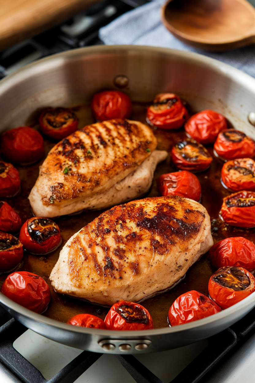 Indoor photo of skillet chicken breasts nestled in balsamic garlic sauce with blistered cherry tomatoes; stovetop lighting, no text or logos