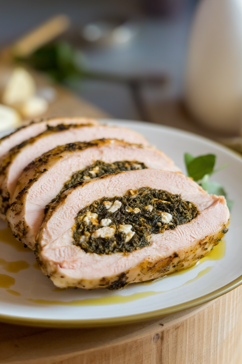 Indoor plate featuring a sliced stuffed chicken breast showing a green spinach-feta filling, drizzled with light olive oil. Soft lighting, no logos. Photo.