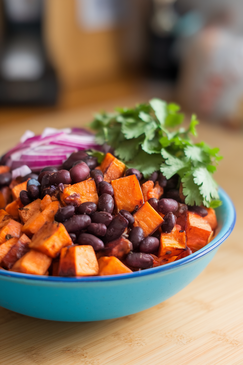 A colorful indoor bowl of diced roasted sweet potatoes, black beans, red onion, and cilantro; no text or logos. Photo only.