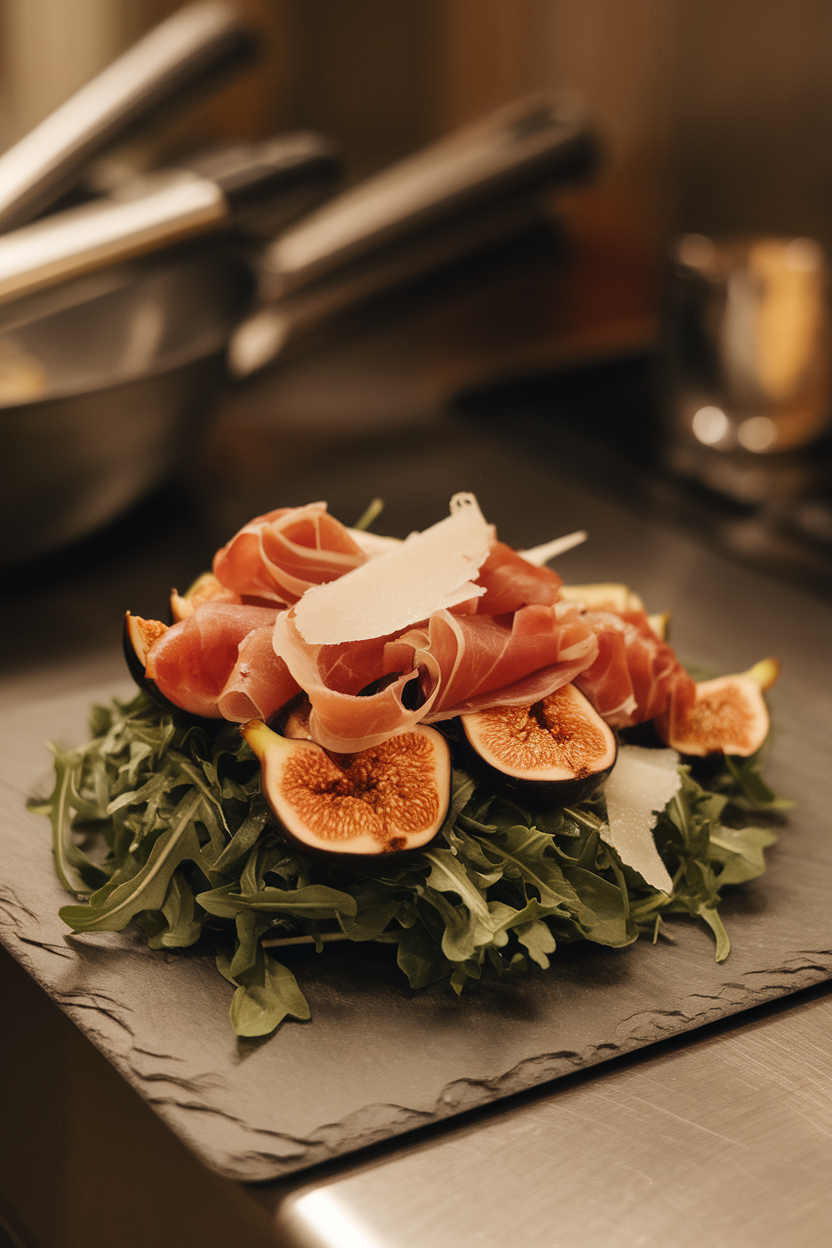 Indoor photo of peppery arugula topped with quartered figs, torn prosciutto ribbons, and shaved Parmesan on a slate platter; warm spotlight, no text or logos.