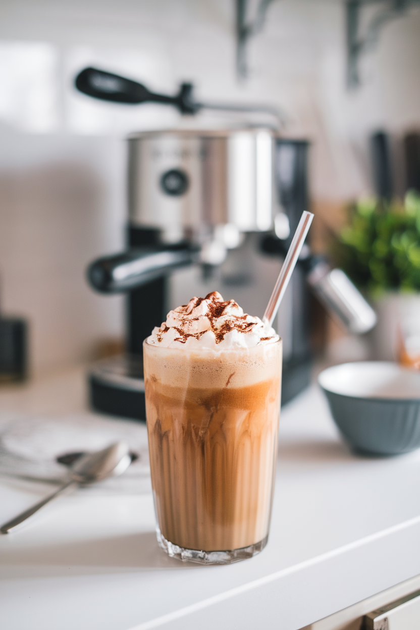 Indoor kitchen counter with a glass of frothy coffee-banana shake, straw inserted, espresso maker blurred in background. No text or logos.