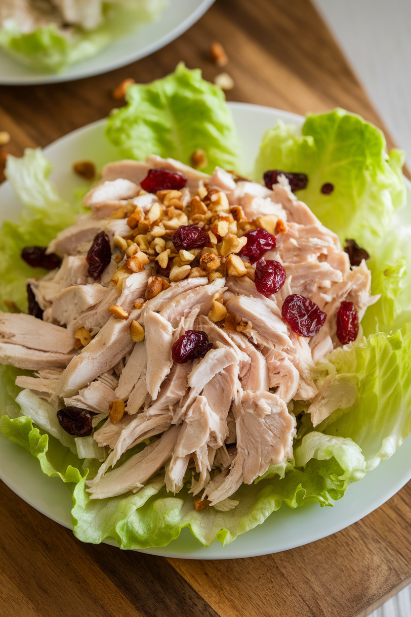 Indoor salad plate with finely shredded poached chicken mixed into soft butter lettuce leaves, lightly dressed. No text or logos; photo only.
