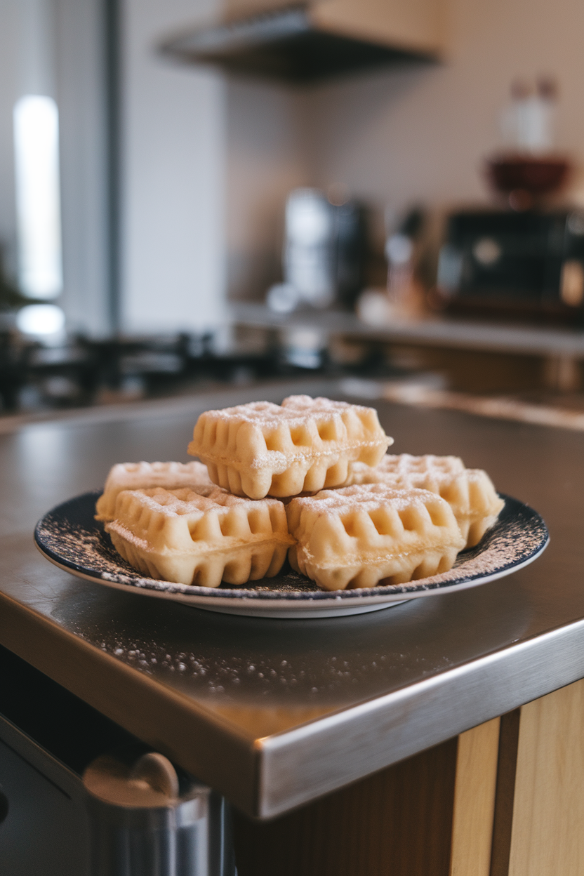 A plate on an indoor kitchen island featuring crisp mochi waffles with a chewy interior, dusted lightly with powdered sugar, shot from eye level. No text or logos anywhere.