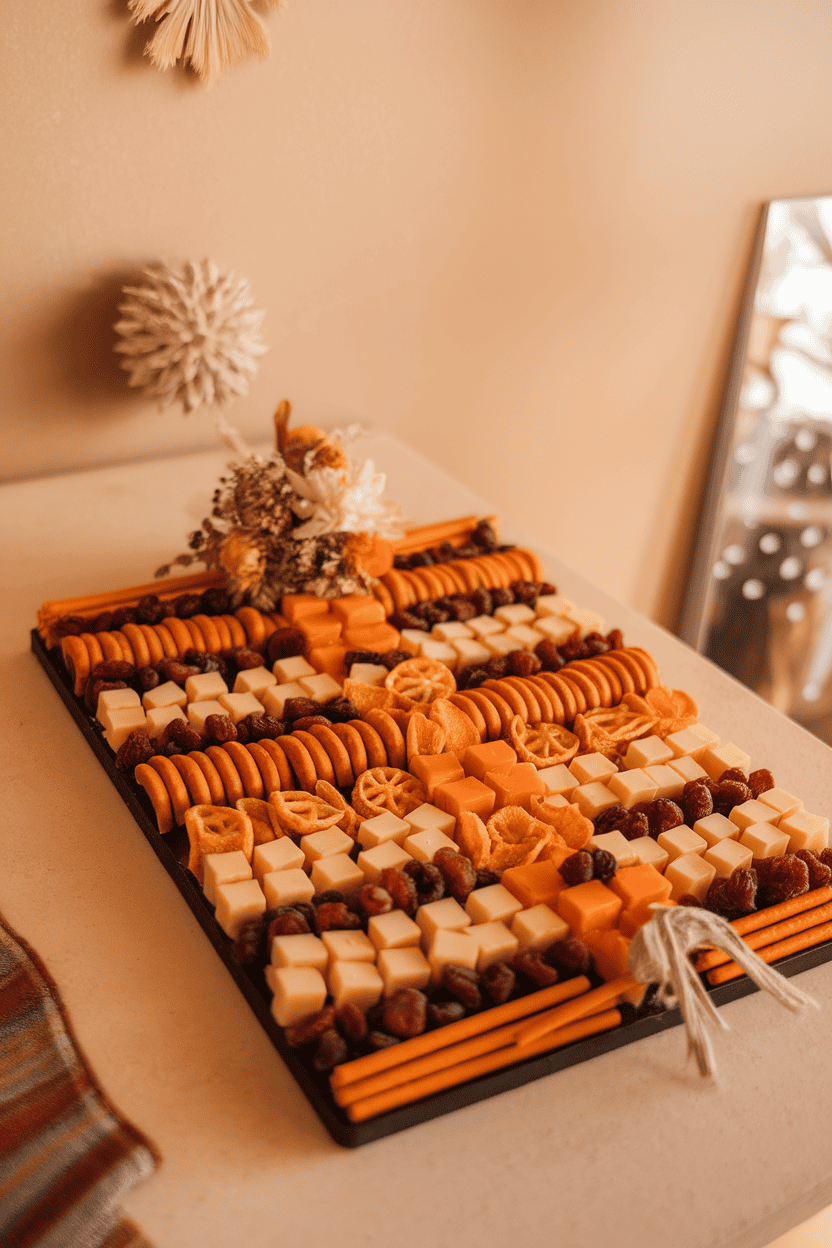 Warm indoor photo of a rectangular board with rows of cheese cubes, pretzel sticks, and dried fruit arranged into a whimsical scarecrow pattern. No text or logos.